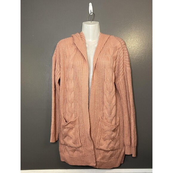 Crave Fame Cardigan Sweater Womens Medium Pink Hooded Cable Knit Open Front - Picture 1 of 6